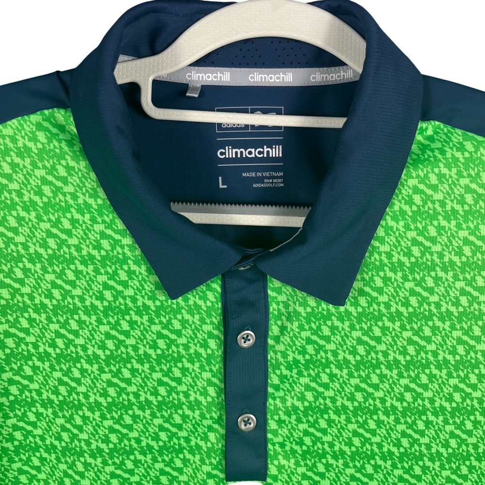 Adidas Climachill Golf Polo Mens Large Green Navy Blue Geometric Short Sleeve